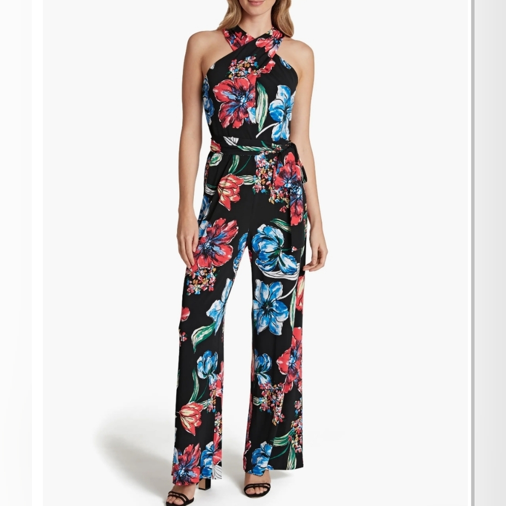 Chelsea Rose Floral Halter Jumpsuit Women Size 8 Black